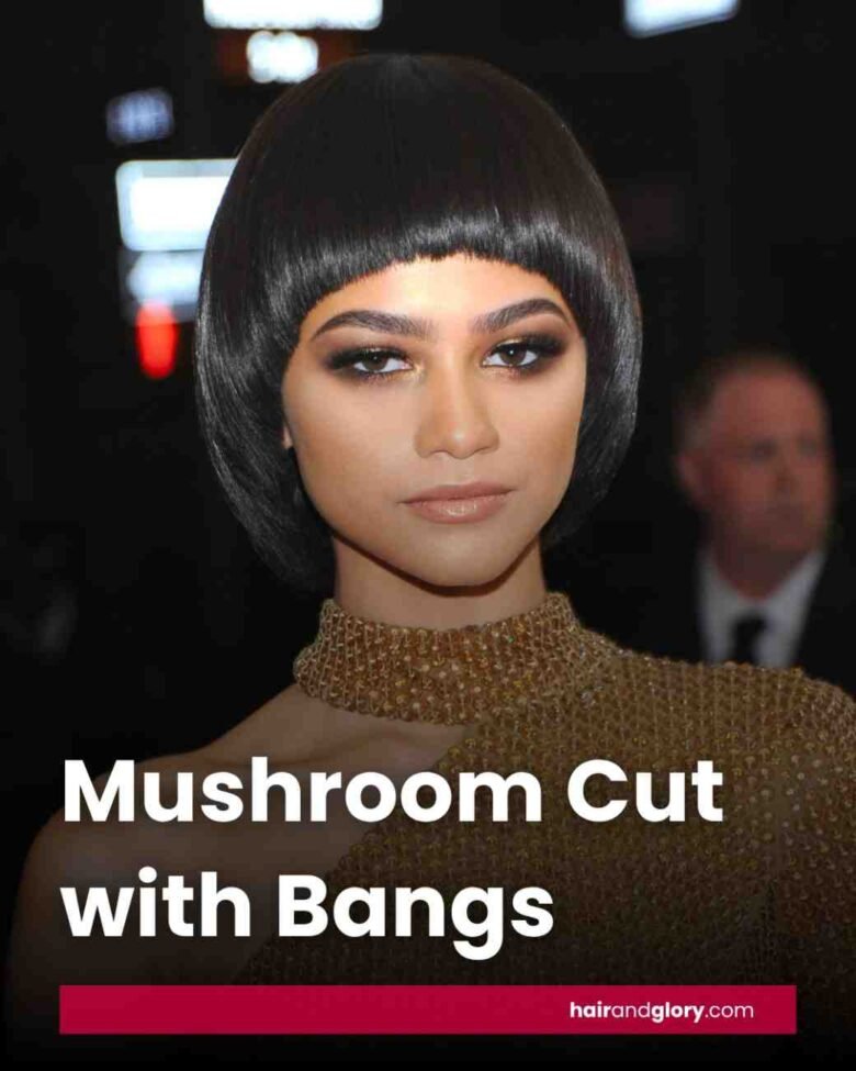 Woman styling her mushroom haircut with bangs for a chic look